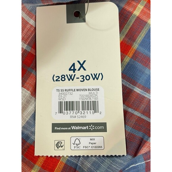 Terra & Sky Plus 4X Short Sleeve Plaid Ruffle Blouse Red Blue Cotton Top NWT - Picture 7 of 15